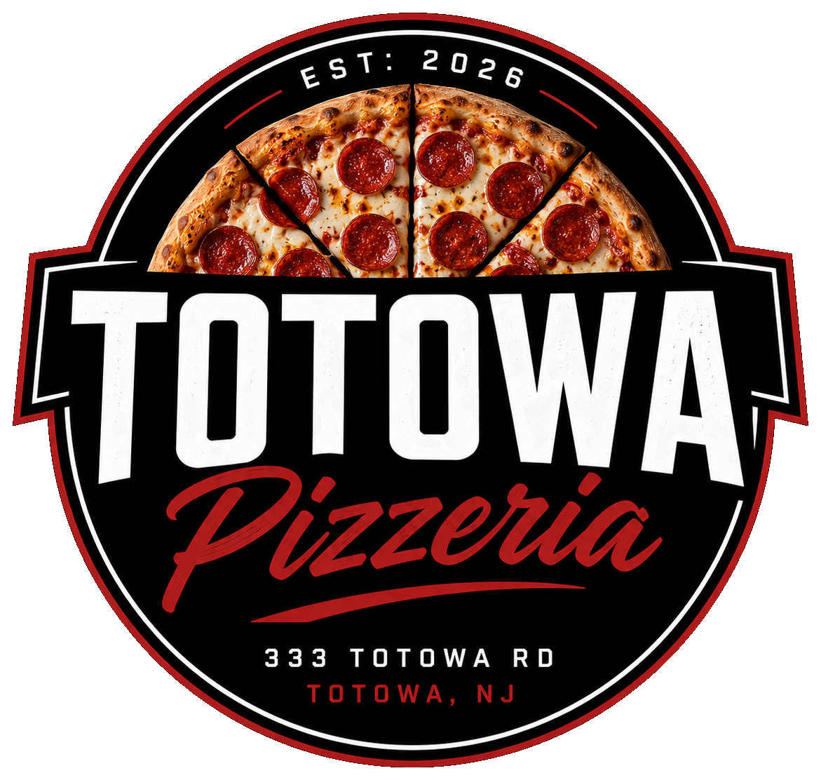 Totowa Pizzeria logo with pepperoni pizza and 333 Totowa Road branding